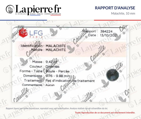 Rapport d'analyse des perles en malachite 10 mm, La Pierre FR