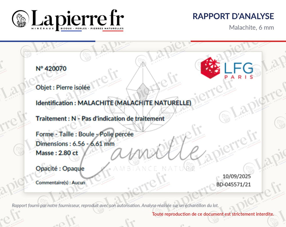 Rapport d'analyse des perles en malachite 6 mm, La Pierre FR