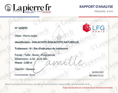 Rapport d'analyse des perles en malachite 6 mm, La Pierre FR