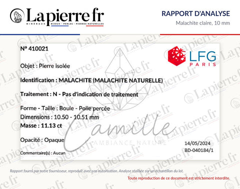 Rapport d'analyse des perles en malachite claire 10 mm, La Pierre FR