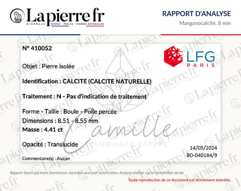 Rapport d'analyse des perles en manganocalcite 8 mm, La Pierre FR