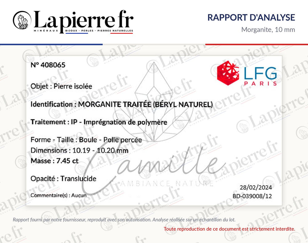 Rapport d'analyse des perles en morganite 10 mm, La Pierre FR