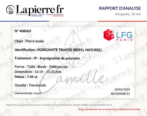Rapport d'analyse des perles en morganite 10 mm, La Pierre FR