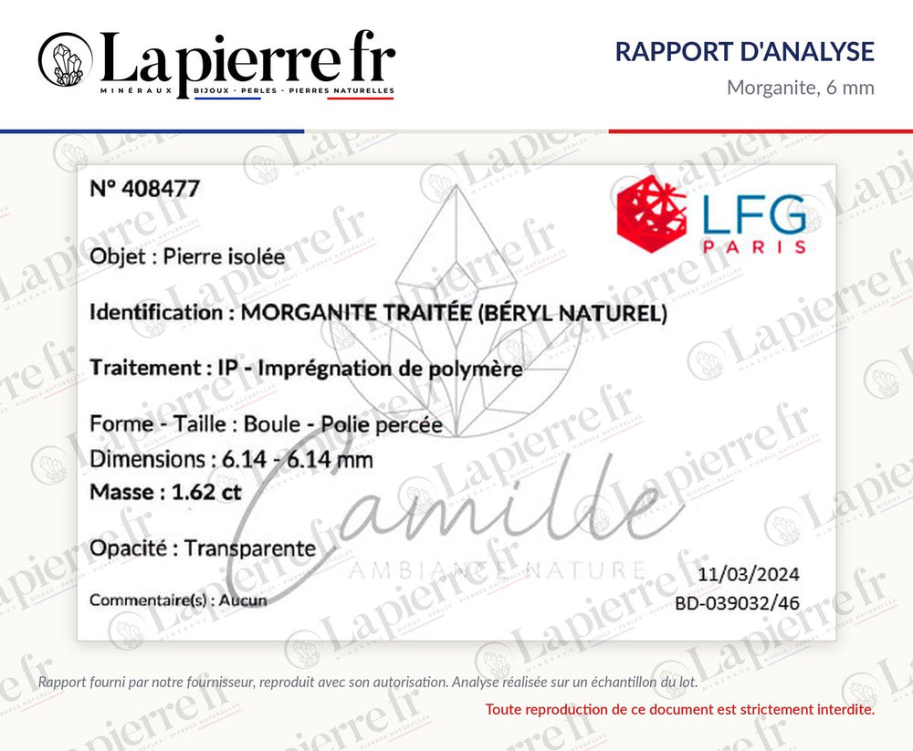 Rapport d'analyse des perles en morganite 6 mm, lot de juin 2024, La Pierre FR