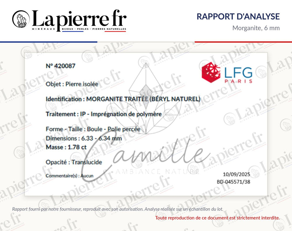 Rapport d'analyse des perles en morganite 6 mm, lot de novembre 2025, La Pierre FR