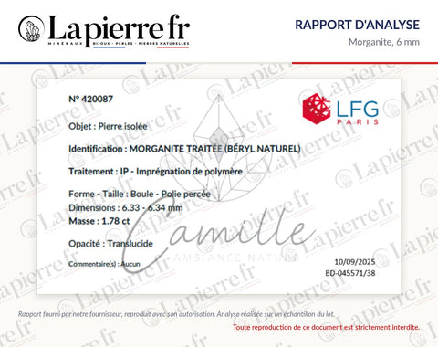 Rapport d'analyse des perles en morganite 6 mm, lot de novembre 2025, La Pierre FR