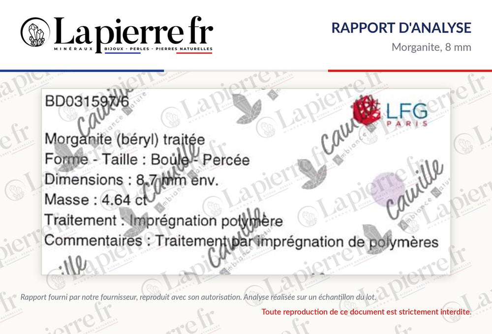 Rapport d'analyse des perles en morganite 8 mm, La Pierre FR