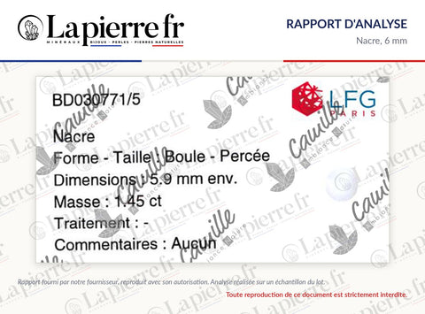 Rapport d'analyse des perles en nacre 6 mm, La Pierre FR