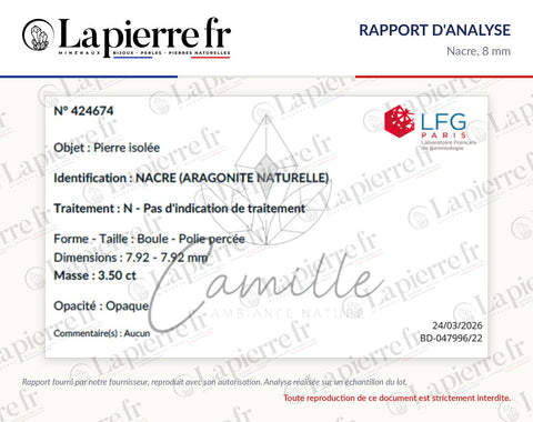 Rapport d'analyse des perles en nacre 8 mm, La Pierre FR