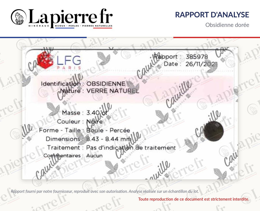 Rapport d'analyse des perles en obsidienne dorée, La Pierre FR