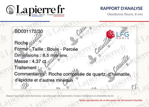 Rapport d'analyse des perles en obsidienne fleurie 8 mm, La Pierre FR