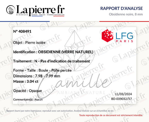 Rapport d'analyse des perles en obsidienne noire 8 mm, La Pierre FR