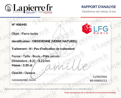 Rapport d'analyse des perles en obsidienne œil céleste 8 mm, La Pierre FR