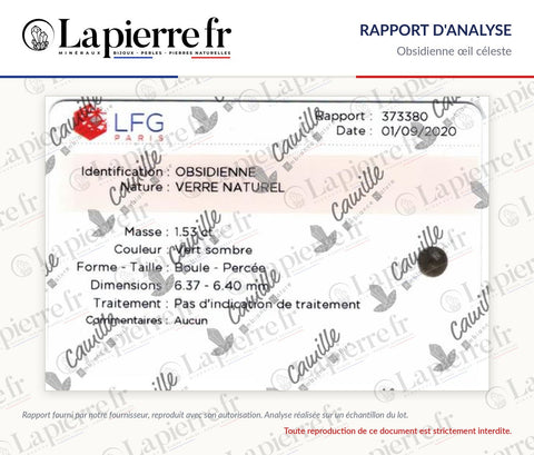 Rapport d'analyse des perles en obsidienne œil céleste, La Pierre FR