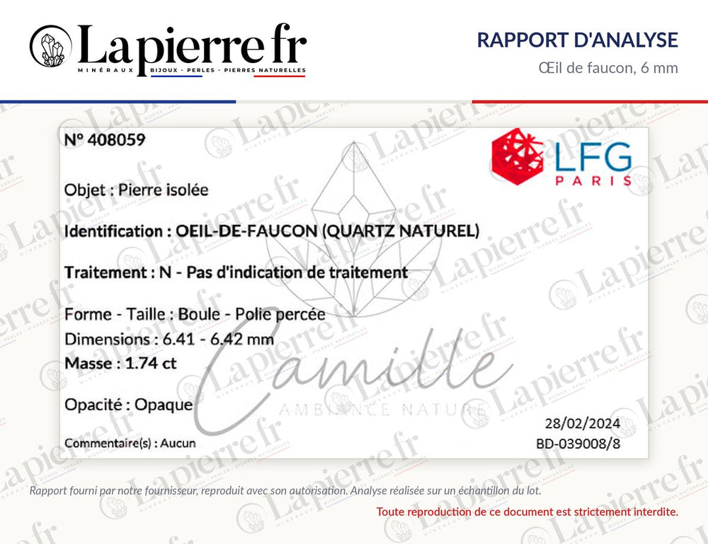 Rapport d'analyse des perles en œil de faucon 6 mm, La Pierre FR