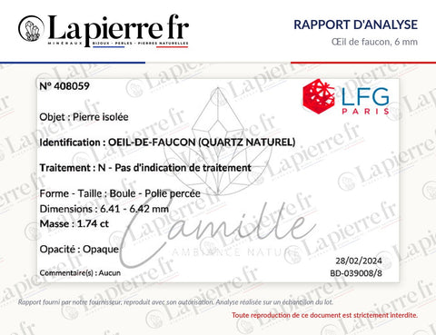 Rapport d'analyse des perles en œil de faucon 6 mm, La Pierre FR