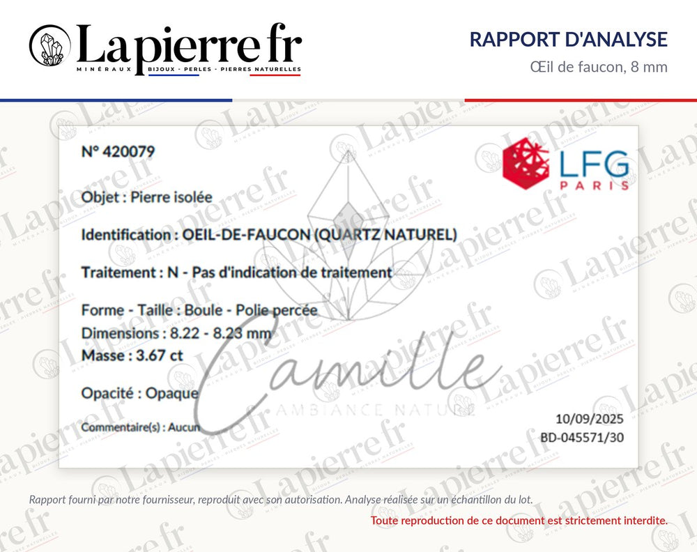 Rapport d'analyse des perles en œil de faucon 8 mm, lot de novembre 2025, second rapport, La Pierre FR