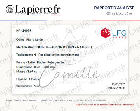 Rapport d'analyse des perles en œil de faucon 8 mm, lot de novembre 2025, second rapport, La Pierre FR