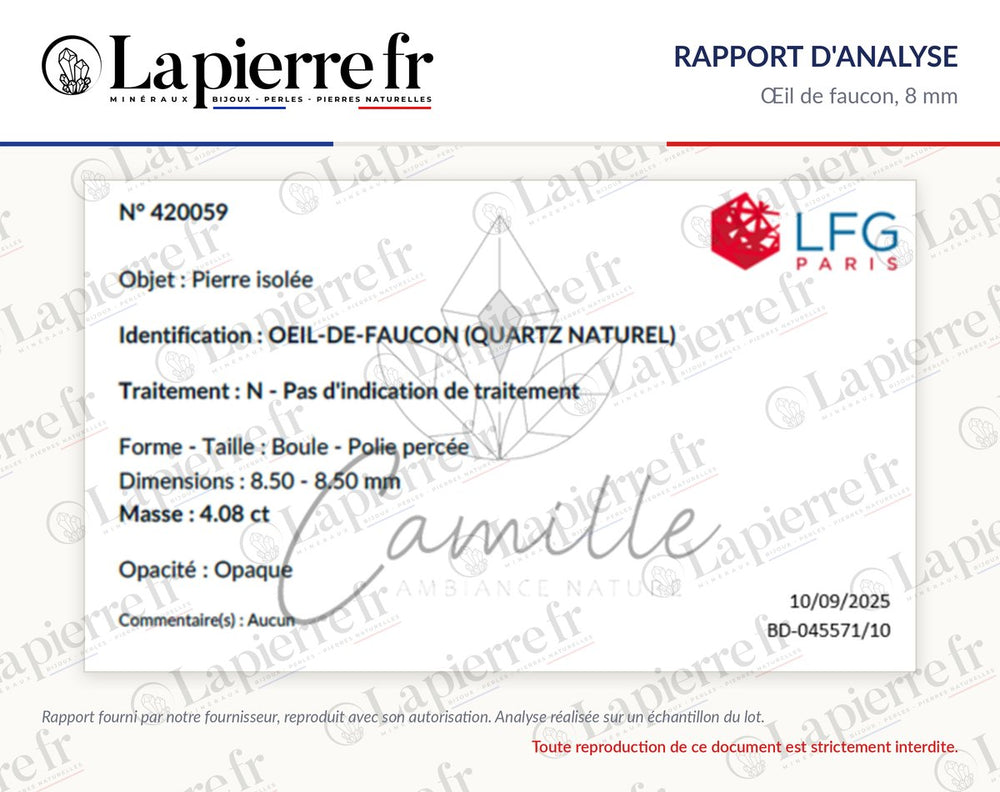 Rapport d'analyse des perles en œil de faucon 8 mm, lot de novembre 2025, La Pierre FR