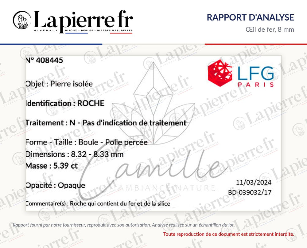 Rapport d'analyse des perles en œil de fer 8 mm, La Pierre FR
