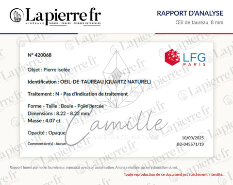 Rapport d'analyse des perles en œil de taureau 8 mm, lot de novembre 2025, La Pierre FR