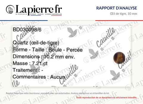 Rapport d'analyse des perles en œil de tigre 10 mm, La Pierre FR
