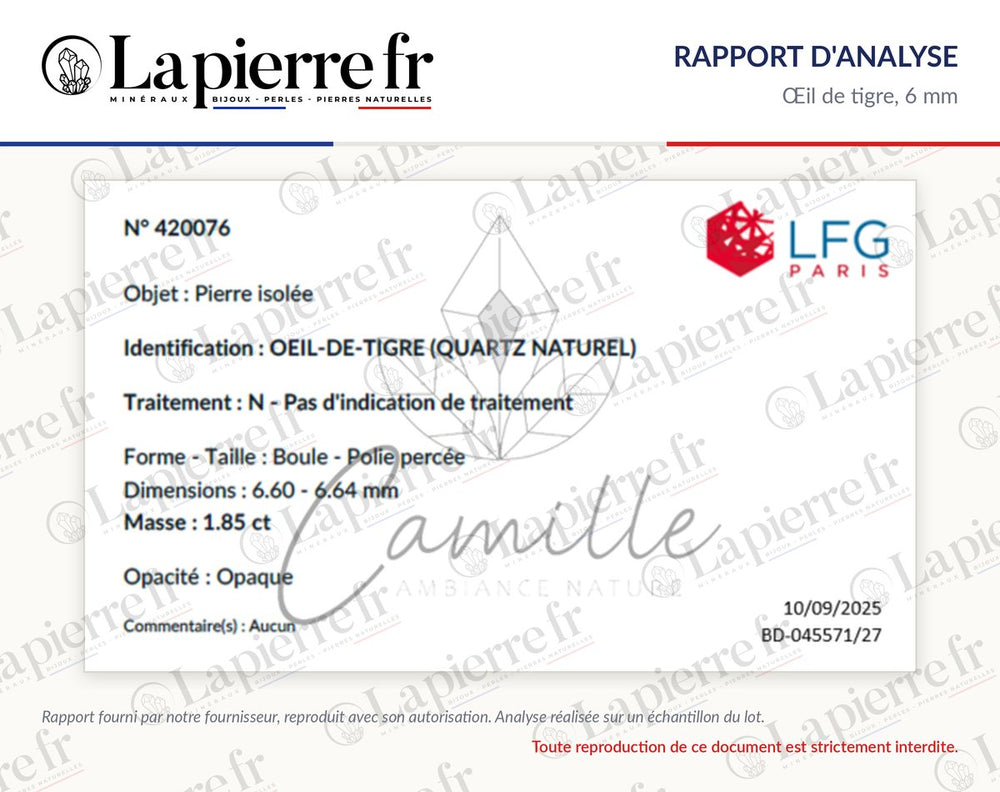 Rapport d'analyse des perles en œil de tigre 6 mm, La Pierre FR