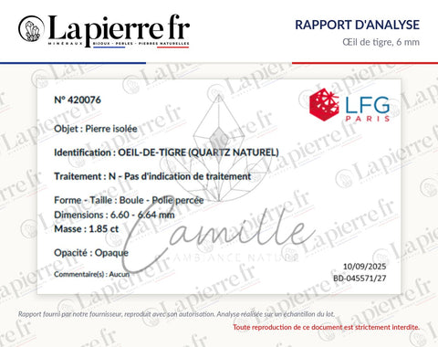 Rapport d'analyse des perles en œil de tigre 6 mm, La Pierre FR