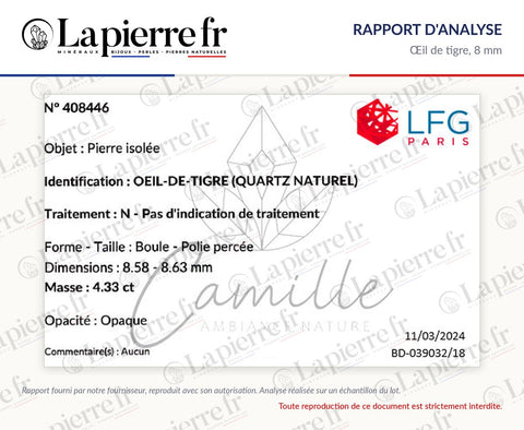 Rapport d'analyse des perles en œil de tigre 8 mm, lot de juin 2024, La Pierre FR