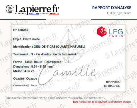 Rapport d'analyse des perles en œil de tigre 8 mm, lot de novembre 2025, La Pierre FR
