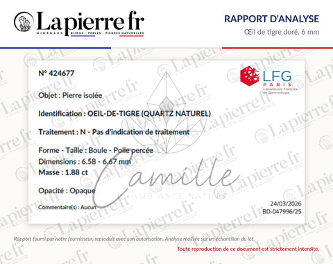 Rapport d'analyse des perles en œil de tigre doré 6 mm, La Pierre FR