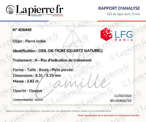 Rapport d'analyse des perles en œil de tigre doré 8 mm, La Pierre FR