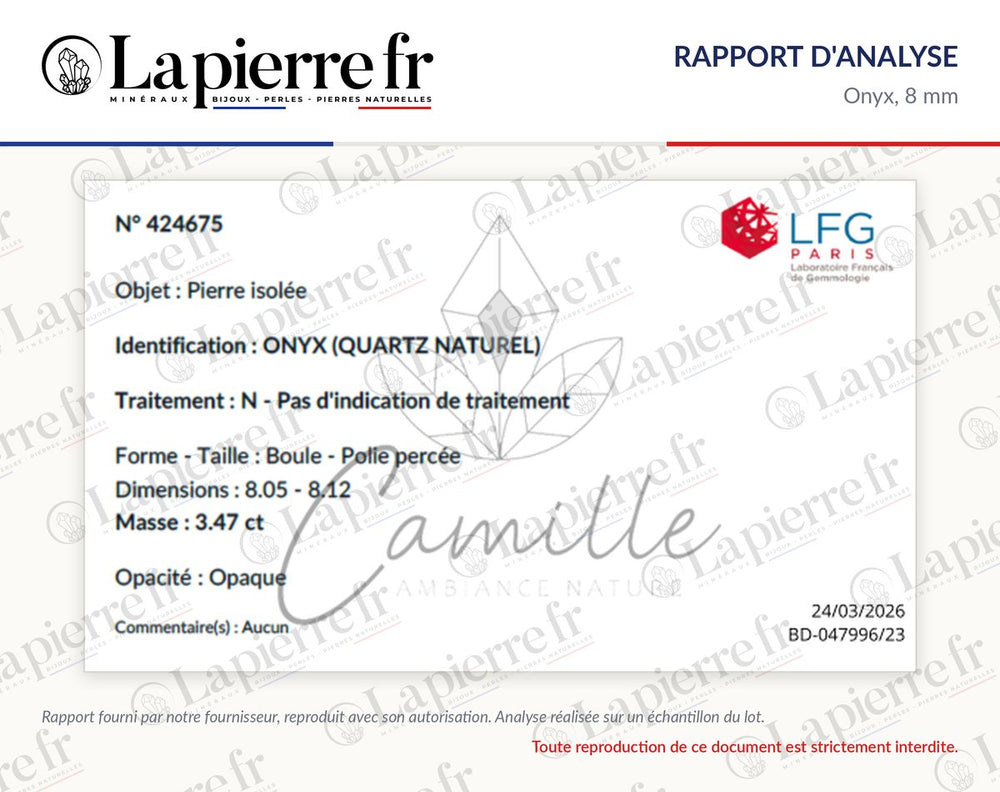 Rapport d'analyse des perles en onyx 8 mm, La Pierre FR