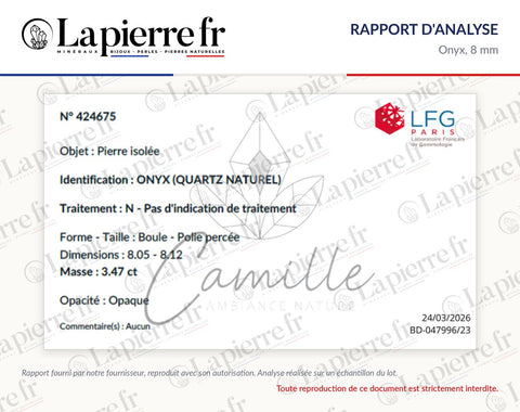 Rapport d'analyse des perles en onyx 8 mm, La Pierre FR