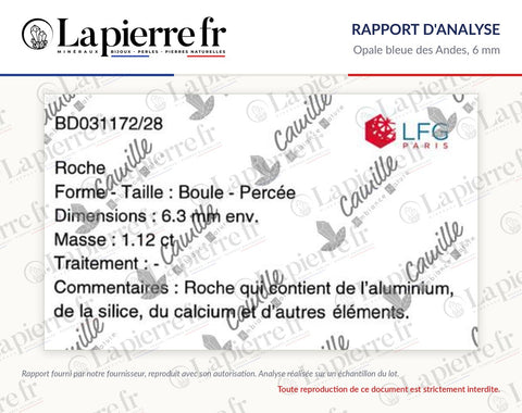 Rapport d'analyse des perles en opale bleue des Andes 6 mm, La Pierre FR