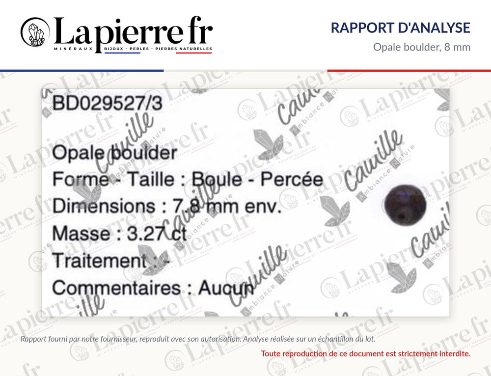 Rapport d'analyse des perles en opale boulder 8 mm, La Pierre FR