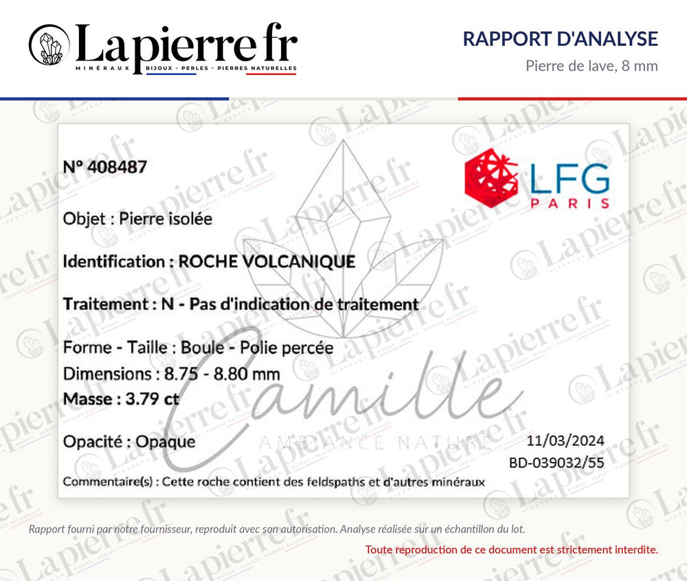 Rapport d'analyse des perles en pierre de lave 8 mm, La Pierre FR