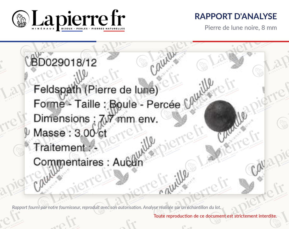 Rapport d'analyse des perles en pierre de lune noire 8 mm, La Pierre FR
