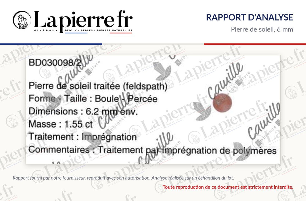 Rapport d'analyse des perles en pierre de soleil 6 mm, La Pierre FR