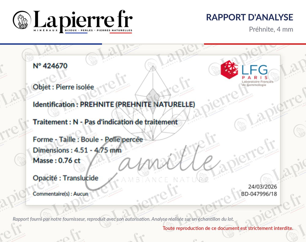 Rapport d'analyse des perles en préhnite 4 mm, La Pierre FR
