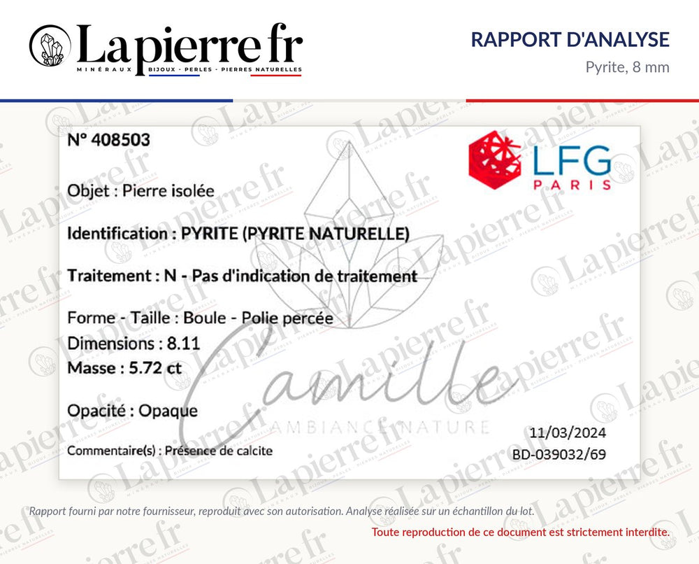 Rapport d'analyse des perles en pyrite 8 mm, La Pierre FR