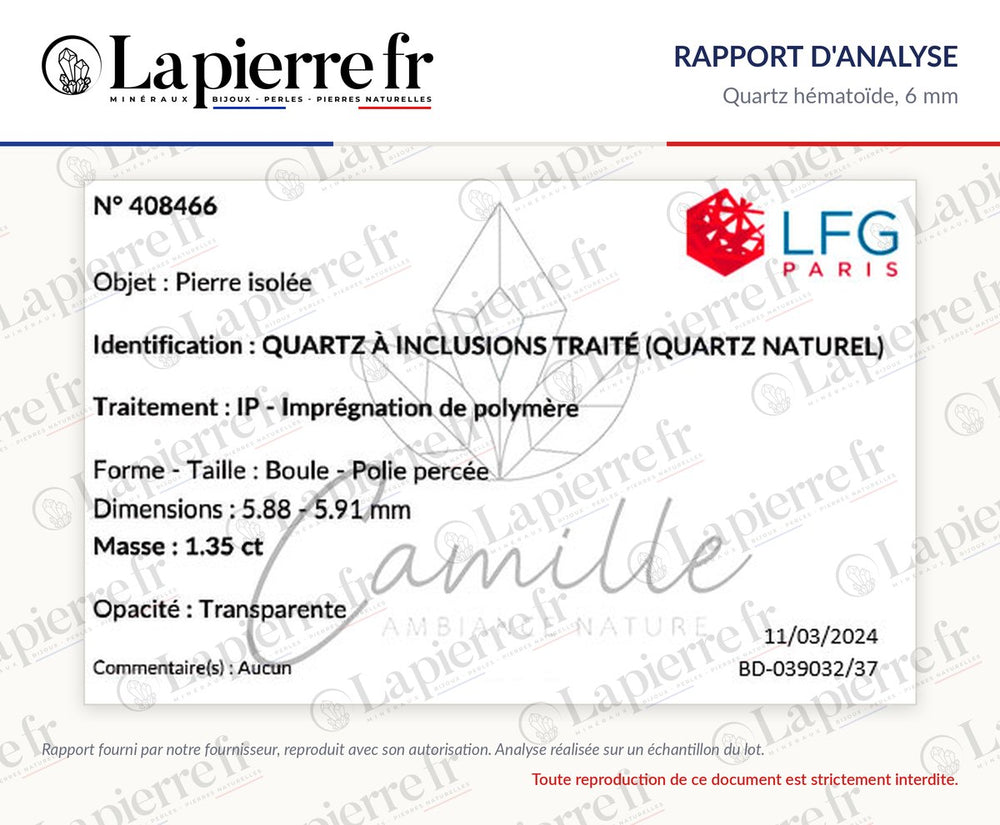 Rapport d'analyse des perles en quartz hématoïde 6 mm, La Pierre FR