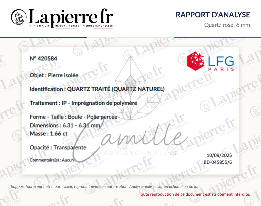 Rapport d'analyse des perles en quartz rose 6 mm, La Pierre FR