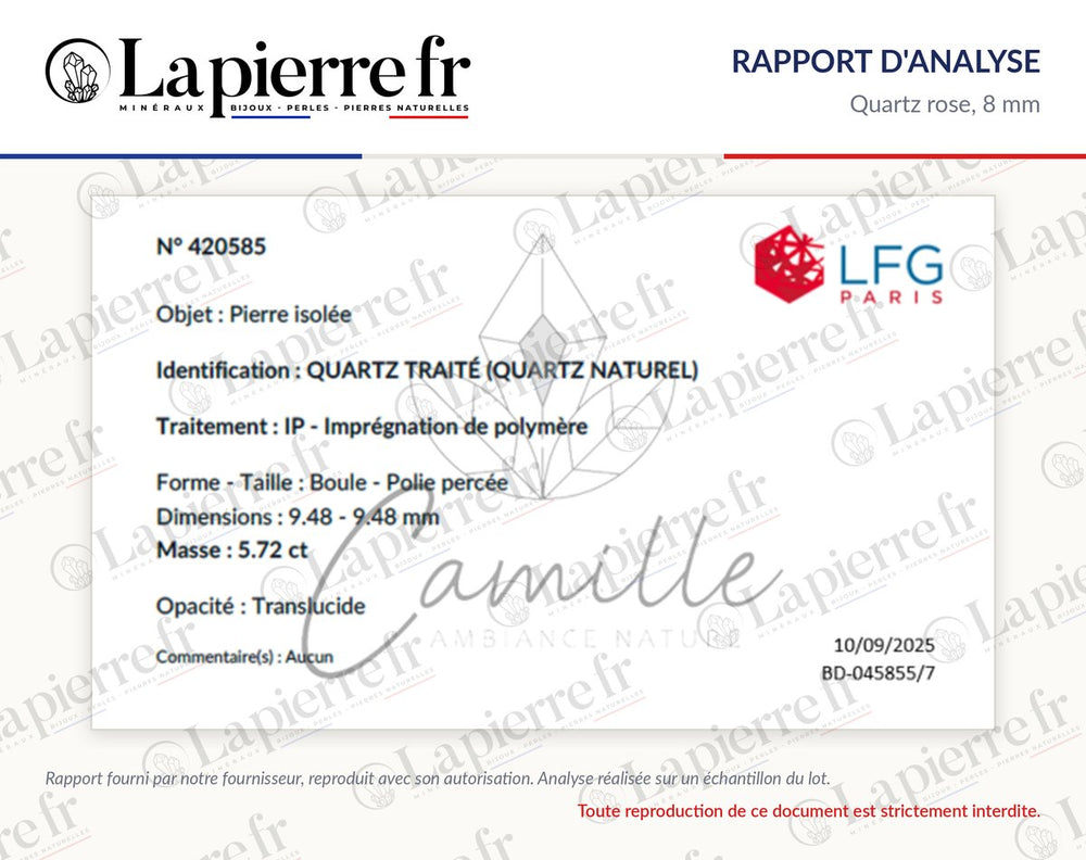 Rapport d'analyse des perles en quartz rose 8 mm, La Pierre FR