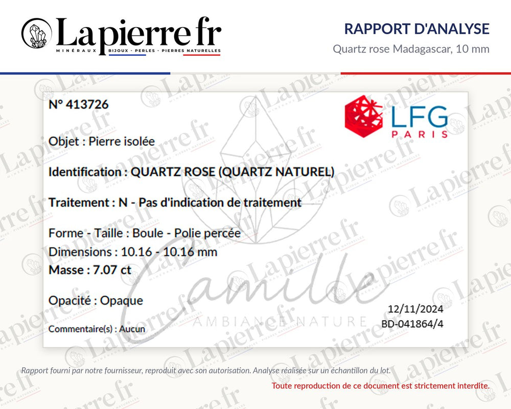 Rapport d'analyse des perles en quartz rose Madagascar 10 mm, La Pierre FR