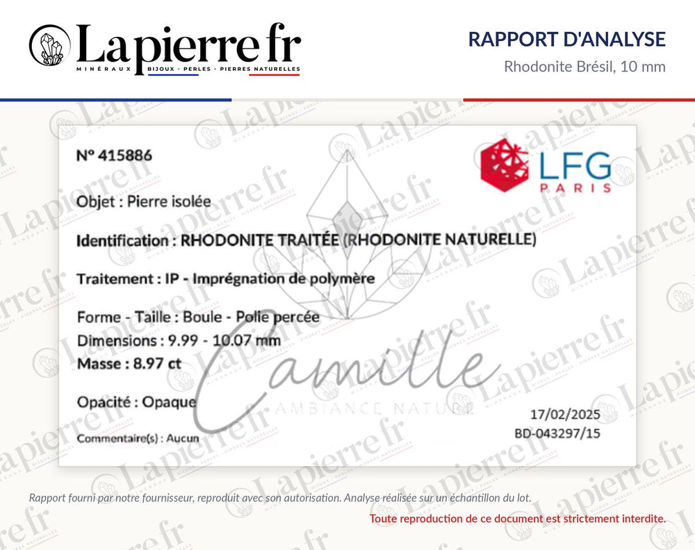 Rapport d'analyse des perles en rhodonite Brésil 10 mm, La Pierre FR