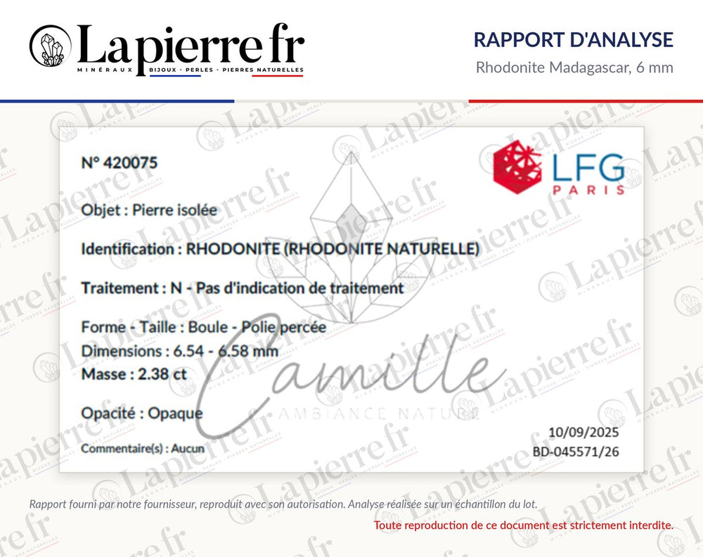 Rapport d'analyse des perles en rhodonite Madagascar 6 mm, La Pierre FR