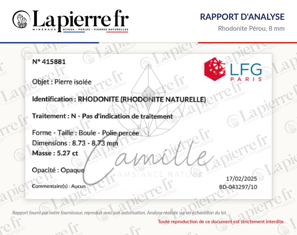 Rapport d'analyse des perles en rhodonite Pérou 8 mm, La Pierre FR