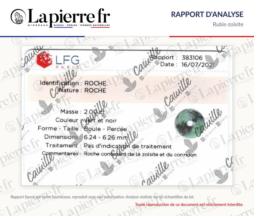 Rapport d'analyse des perles en rubis-zoïsite, lot de juillet 2021, La Pierre FR