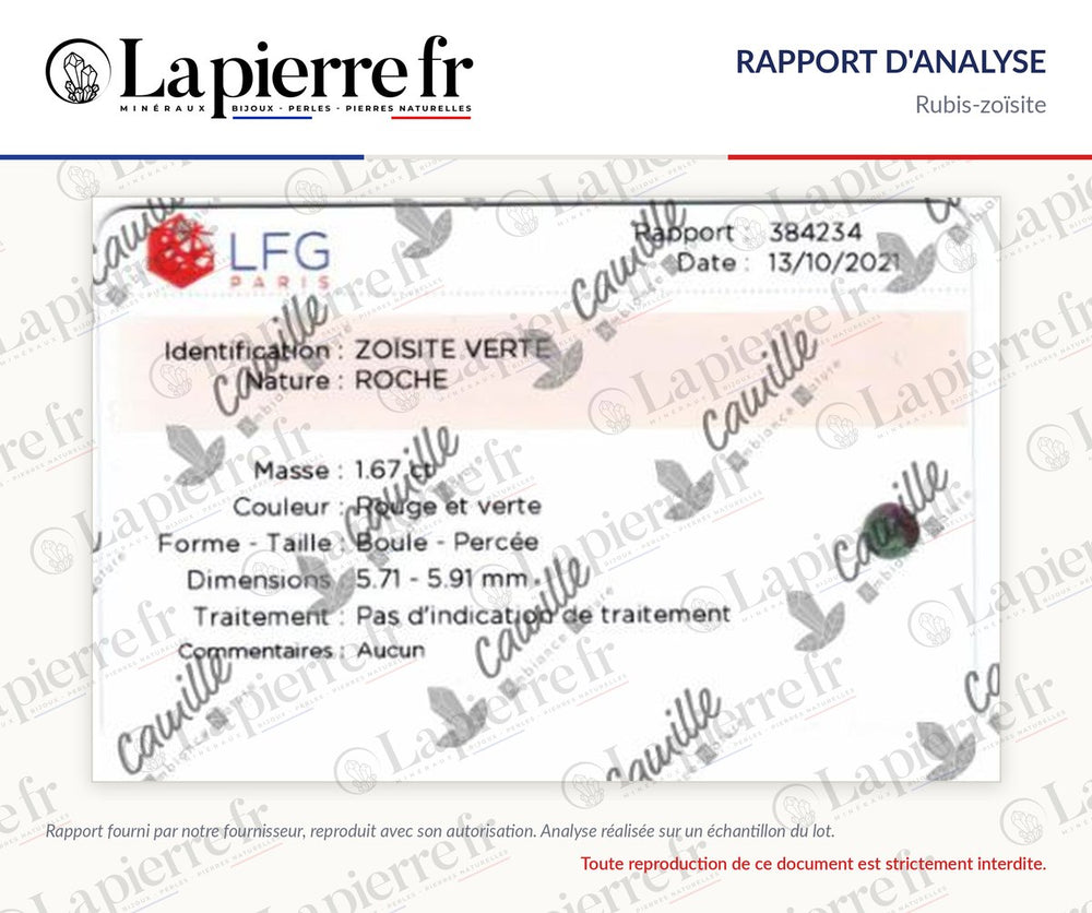 Rapport d'analyse des perles en rubis-zoïsite, lot d'octobre 2021, La Pierre FR